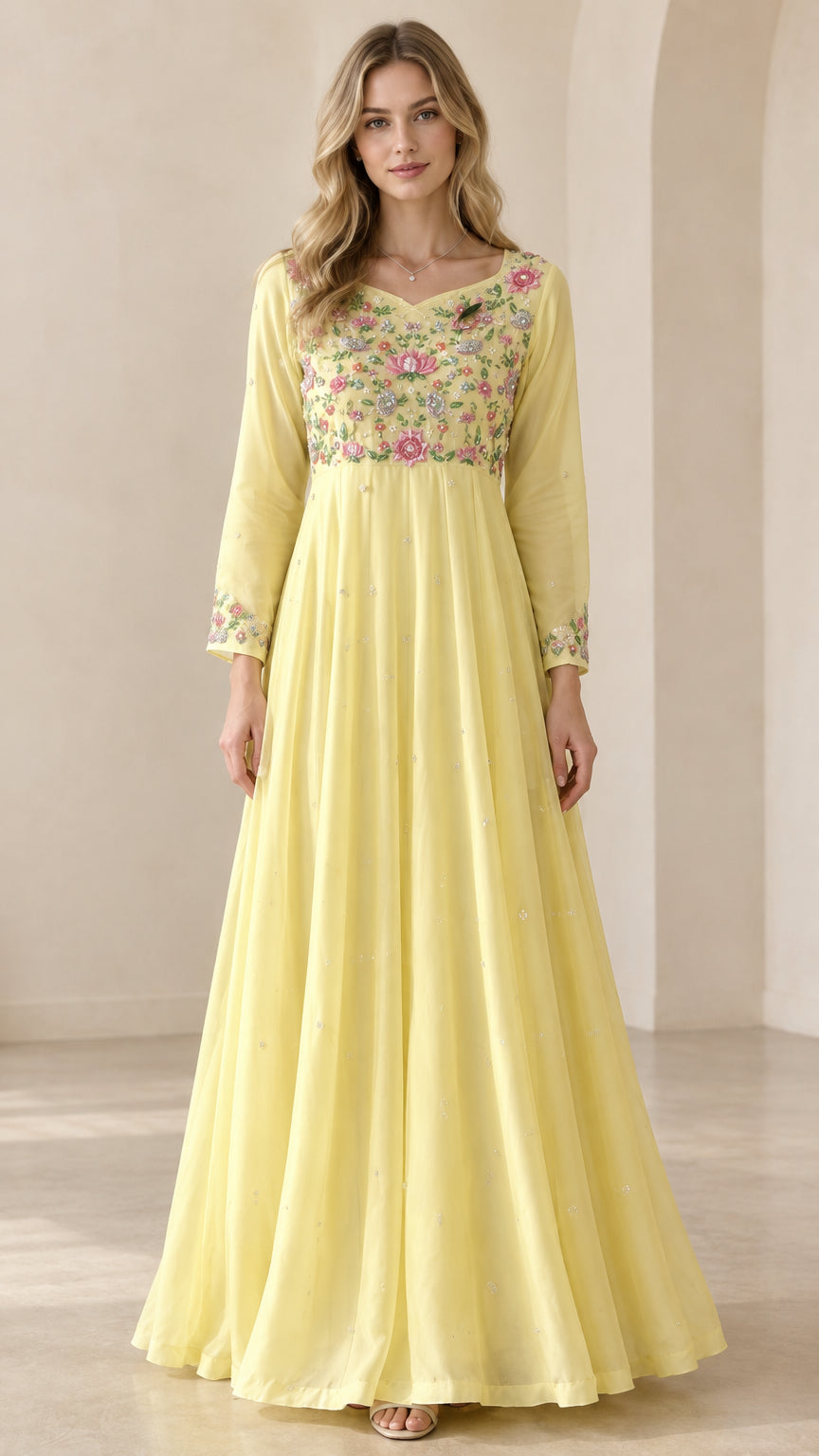 Front full view of women's yellow floral embroidered long sleeve maxi dress