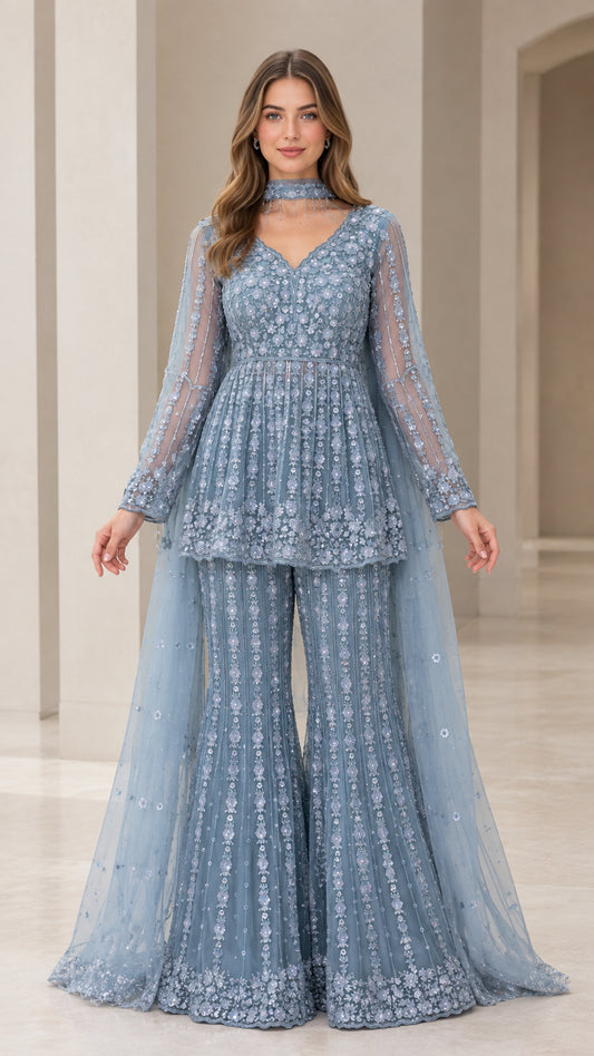 Dusty Blue embroidered peplum sharara suit set front view