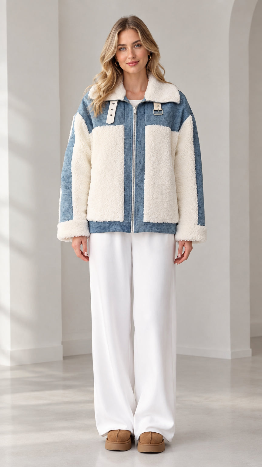 Front view of woman wearing blue denim and cream colorblock sherpa fleece zip jacket