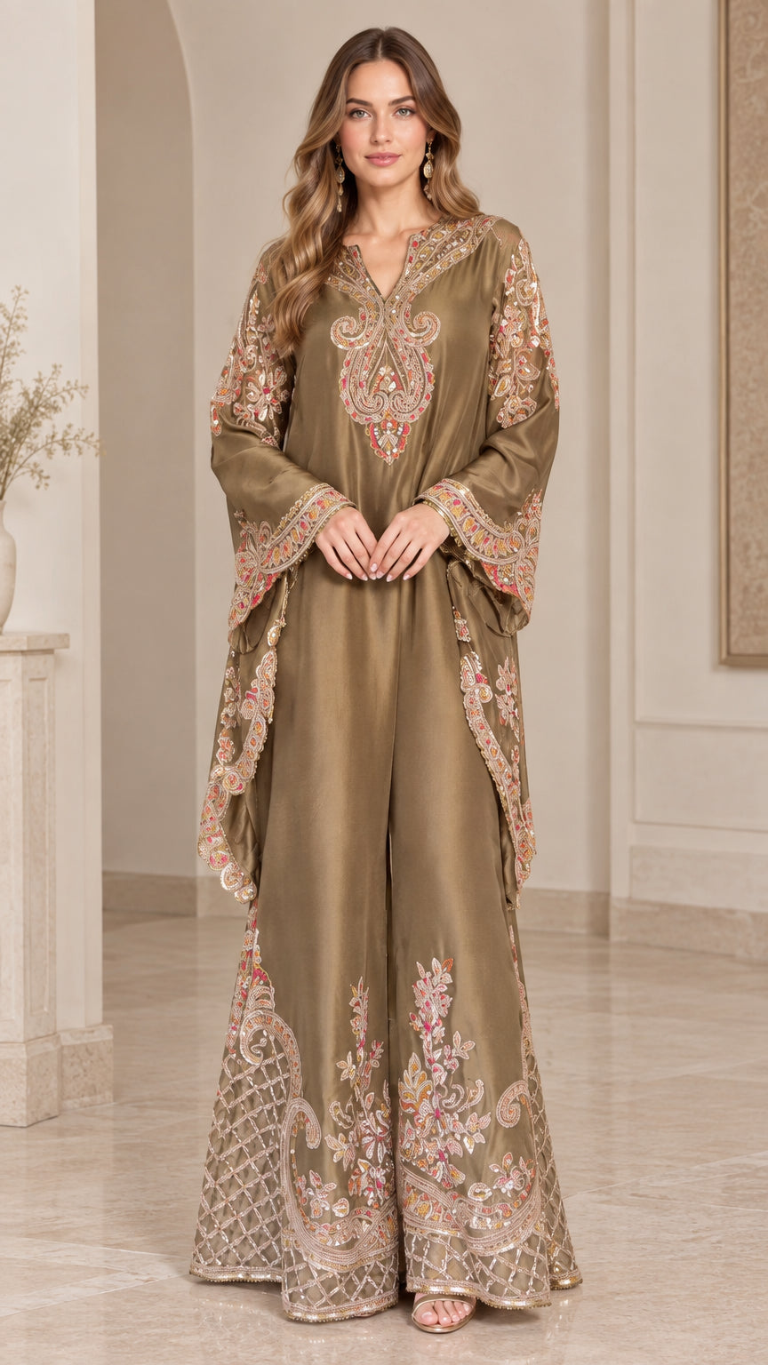 Front view of olive green embroidered tunic and wide leg pants set