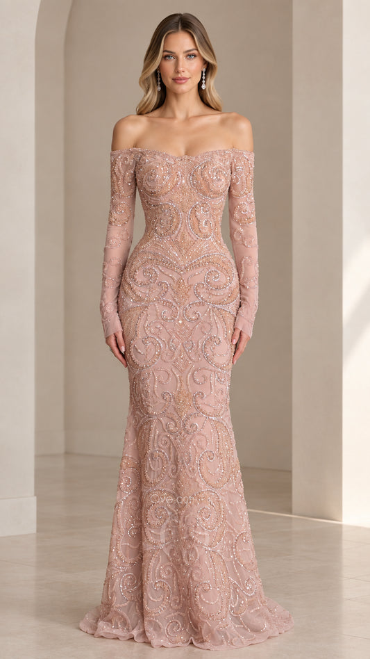 Front view of woman wearing off-the-shoulder beaded dusty rose mermaid evening gown