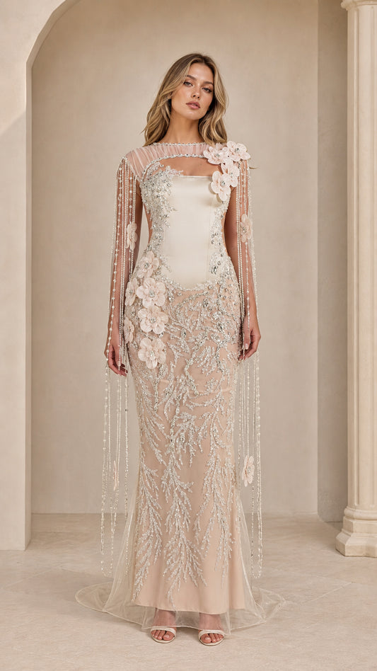 Champagne floral appliqué cape sleeve embellished evening gown front view