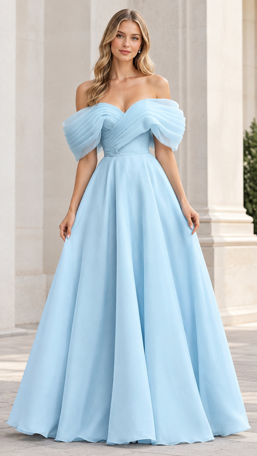 Front view of model wearing a light blue off-the-shoulder pleated evening gown with A-line skirt