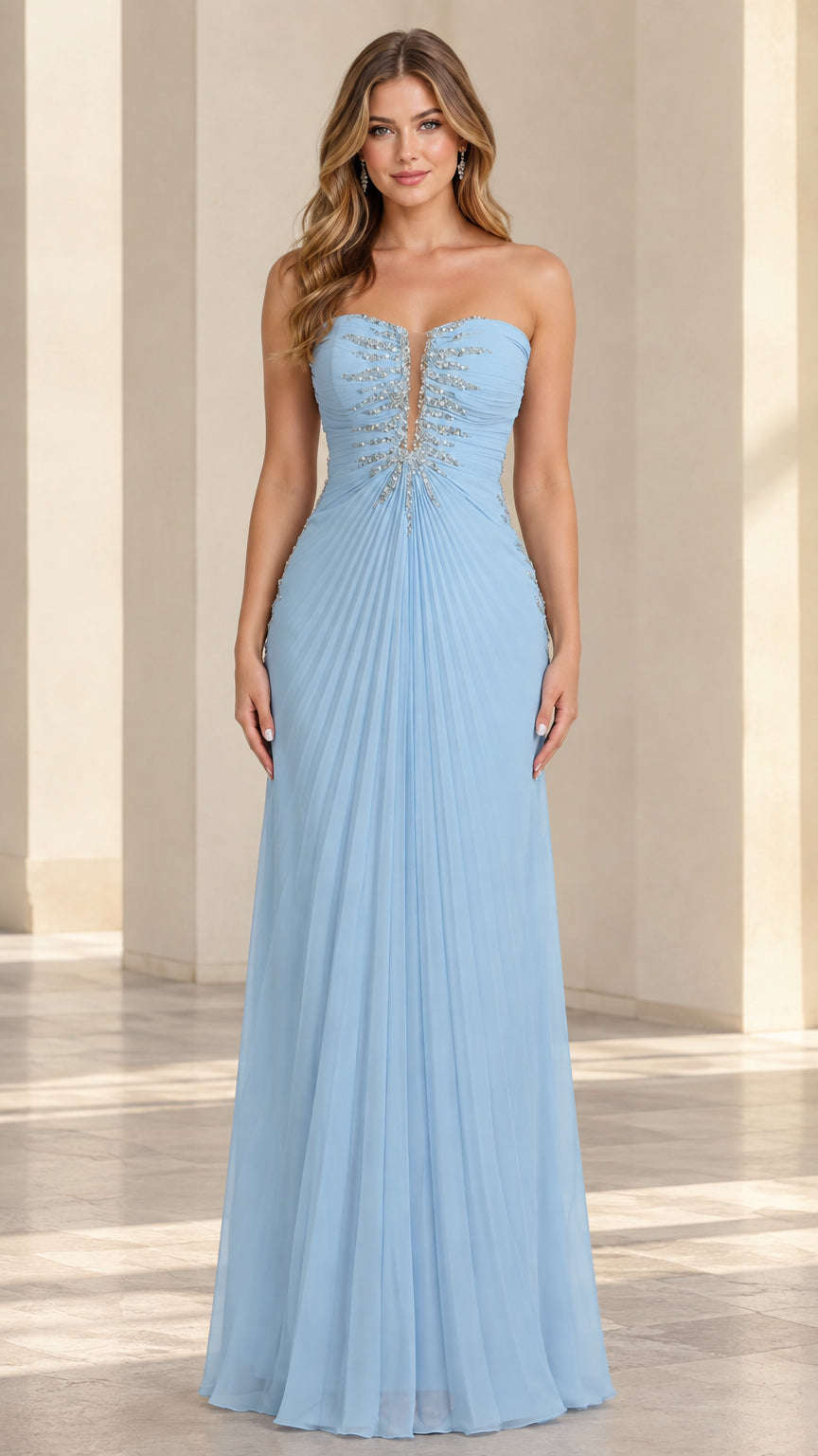 Front view of model wearing sky blue strapless pleated chiffon evening gown with beaded plunge neckline