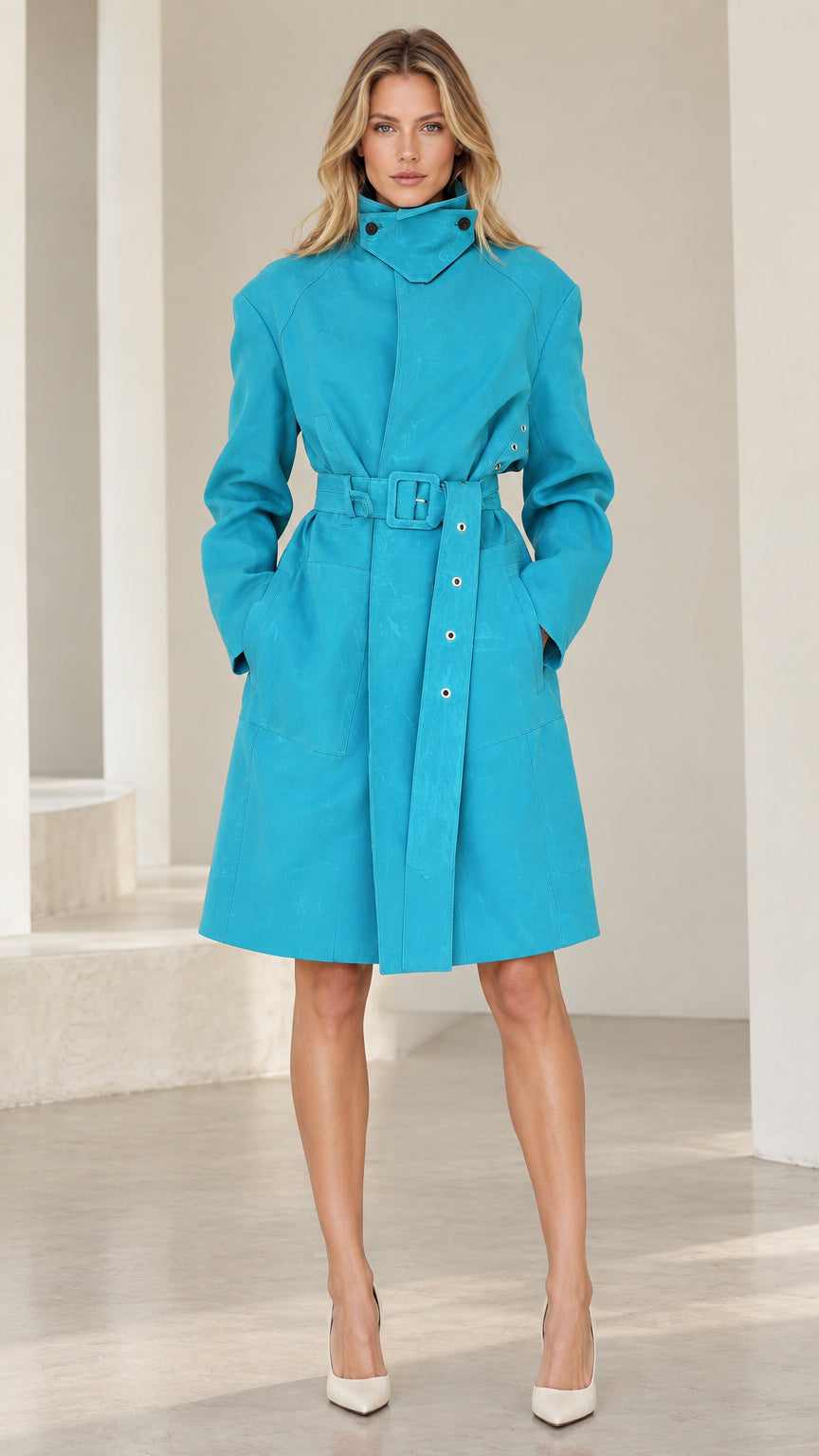Front view of woman wearing Turquoise belted stand collar trench coat
