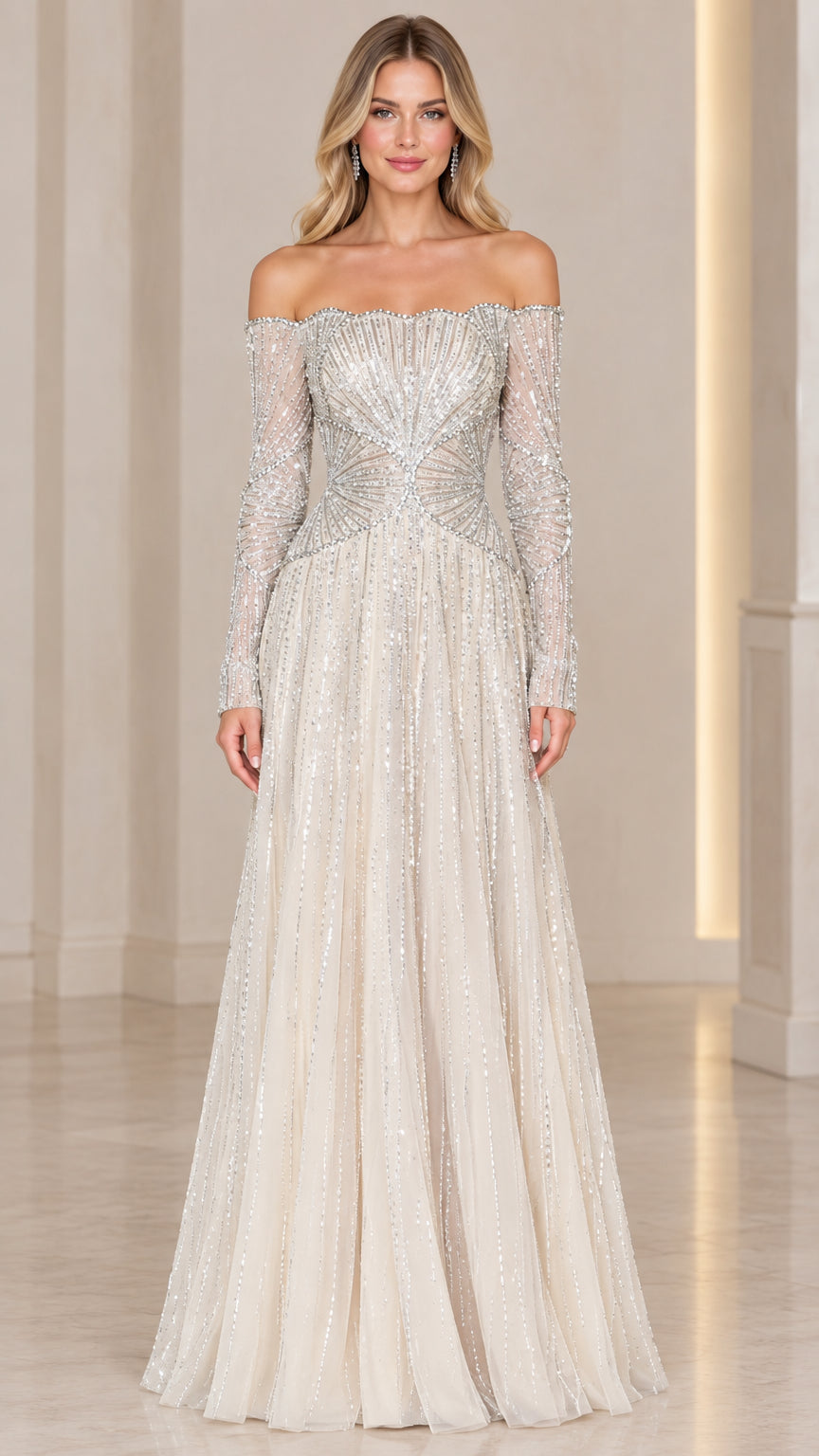 Front view of champagne off-the-shoulder beaded long sleeve evening gown