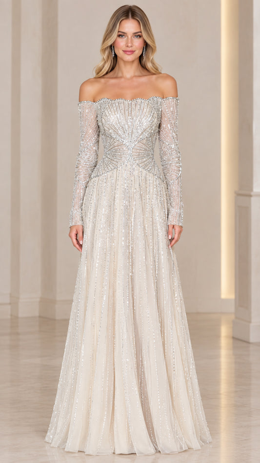 Front view of champagne off-the-shoulder beaded long sleeve evening gown