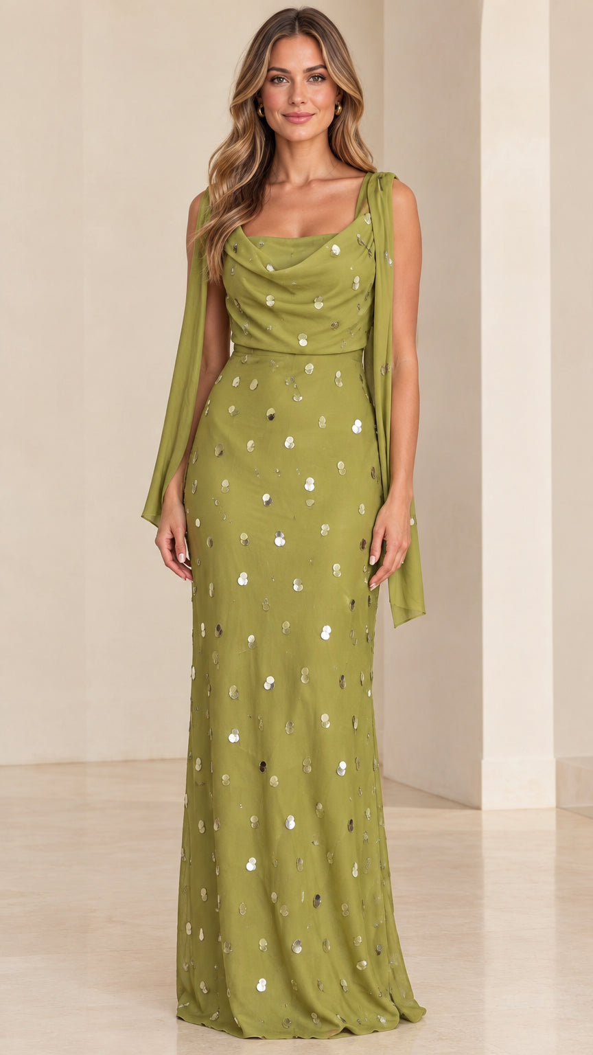 Front view of olive green sequined cowl neck maxi gown with shoulder drapes
