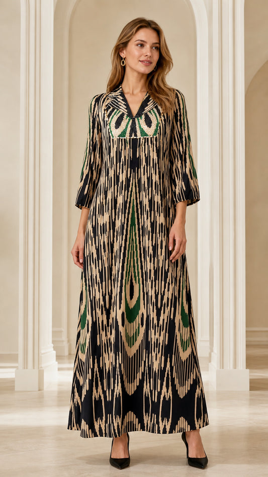 Front full-length view of woman wearing Black Ikat Print Embellished Maxi Dress