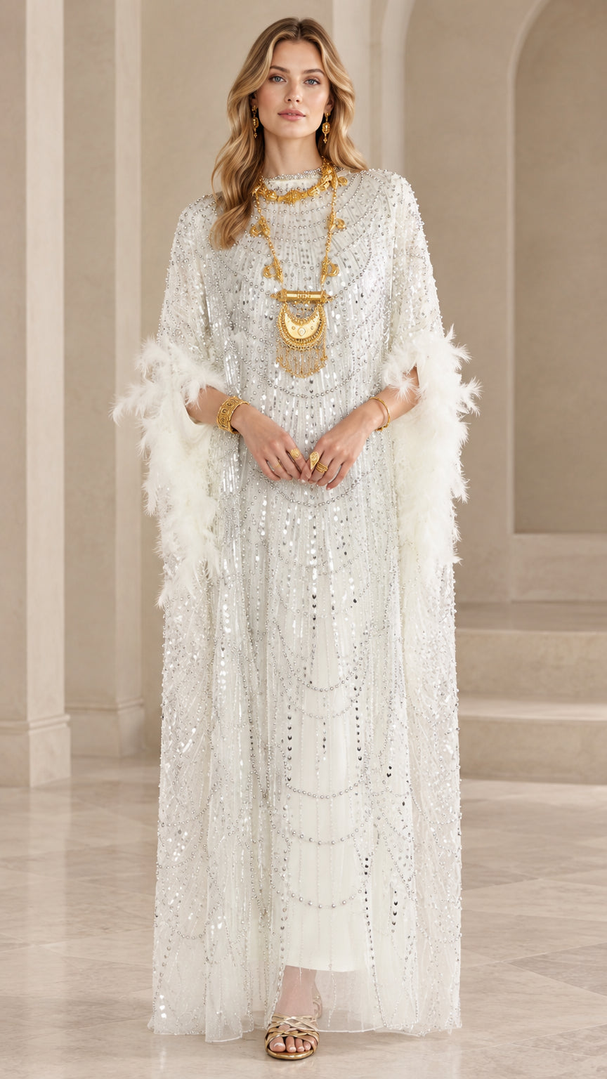 Front view of model wearing white sequin kaftan maxi dress with feather trim sleeves