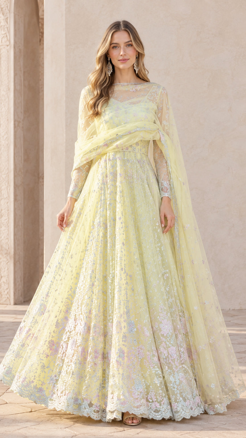 Pastel Yellow floral embroidered floor-length Anarkali evening gown front view