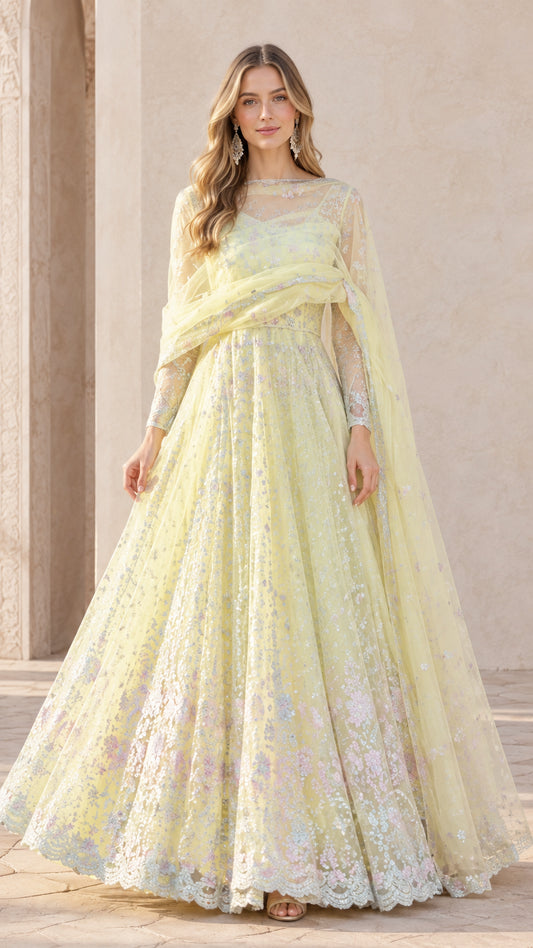 Pastel Yellow floral embroidered floor-length Anarkali evening gown front view