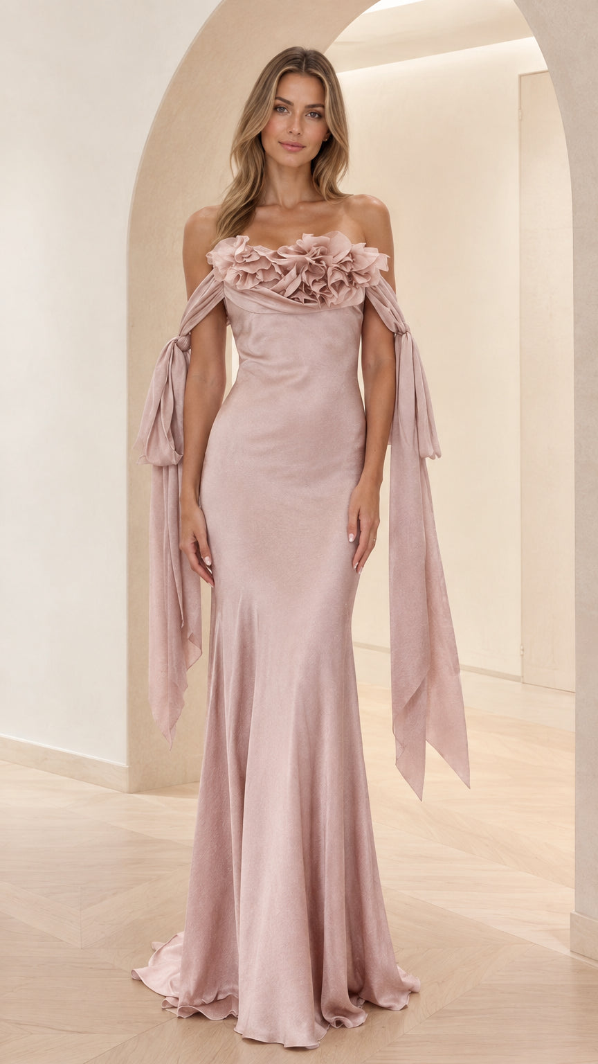 Dusty pink off-shoulder mermaid maxi evening dress with floral appliqué front view