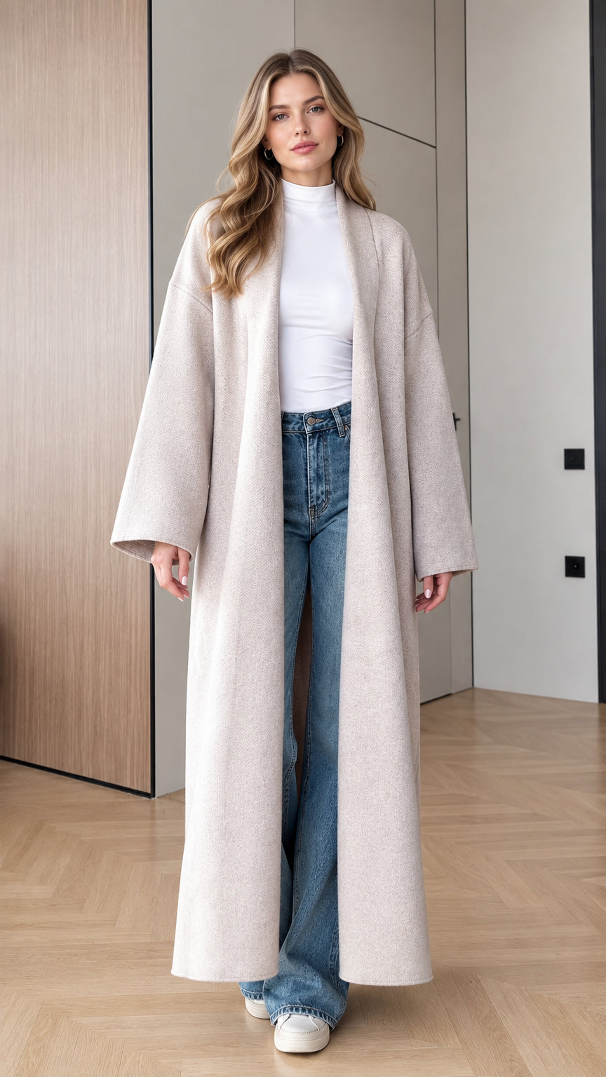 Front view of model wearing Oatmeal longline open-front maxi duster coat with jeans