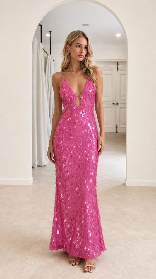 Front view of model wearing Hot Pink sequin maxi dress
