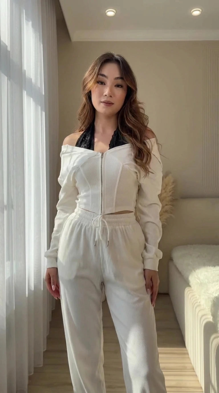 Women's white off-shoulder zip hoodie and wide-leg sweatpants set front view