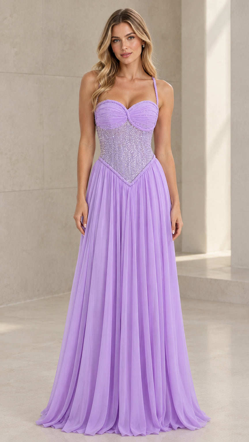 Front view of model wearing Lilac sweetheart beaded corset pleated chiffon maxi dress