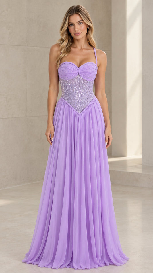 Front view of model wearing Lilac sweetheart beaded corset pleated chiffon maxi dress
