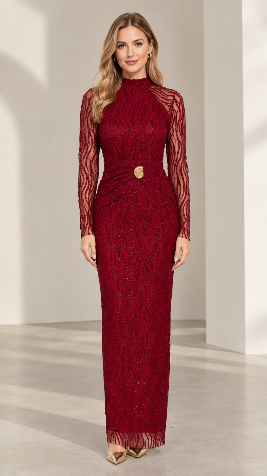 Burgundy mock neck long sleeve column maxi evening dress front view