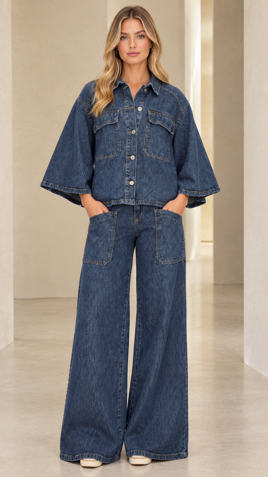 Front view of model wearing Denim Blue wide sleeve shirt and wide leg pants two-piece set