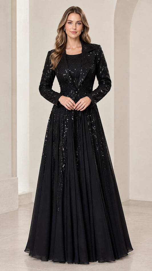 Front view of black sequin mother of the bride gown set with long sleeve jacket