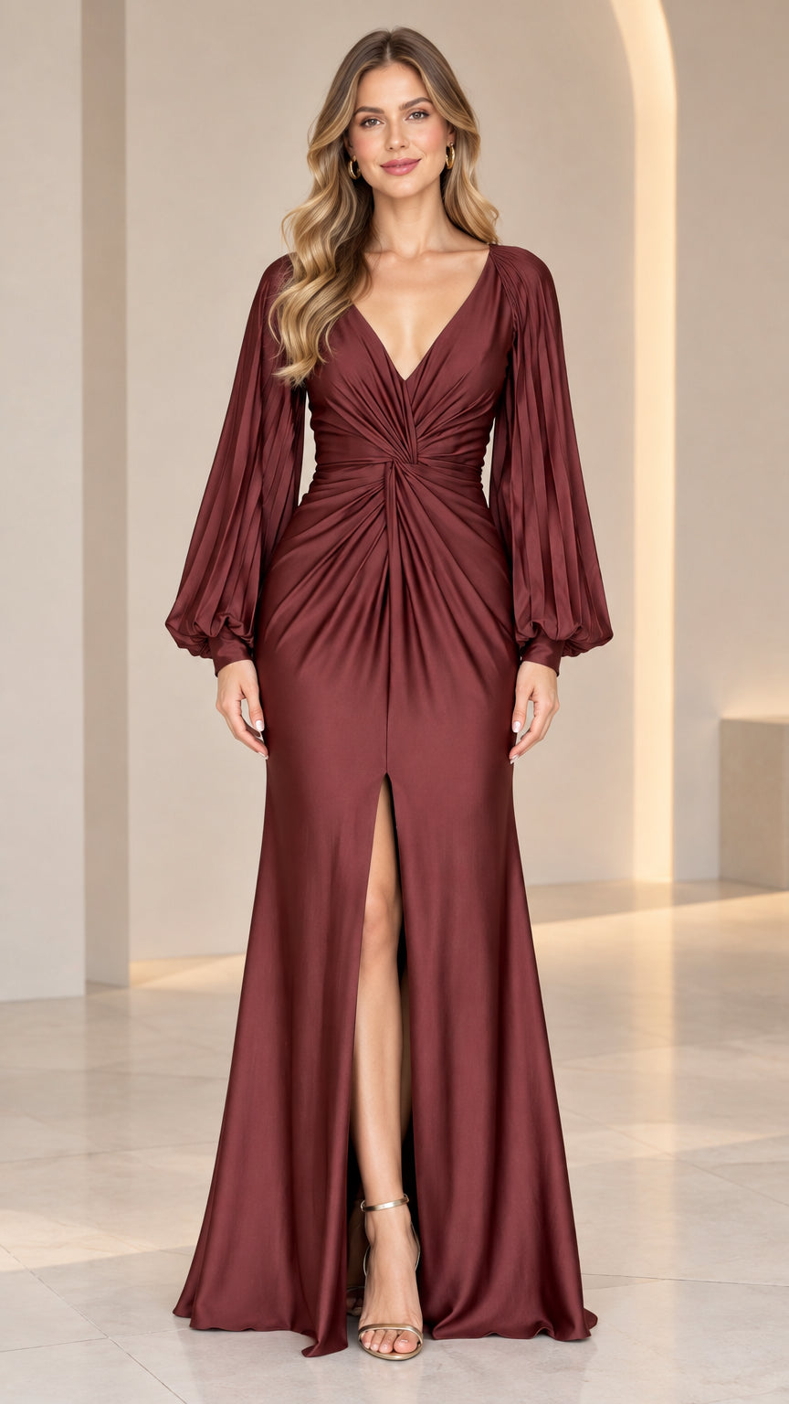 Model wearing Burgundy deep V-neck pleated long sleeve formal gown with front slit - front view