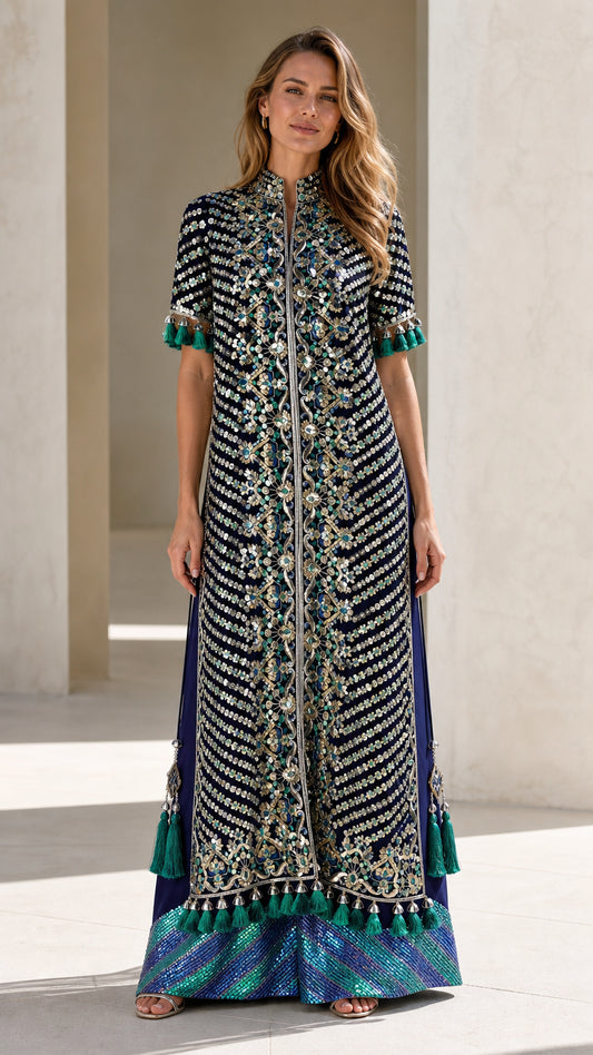 Navy Blue sequined chevron maxi dress with tassel trims front view