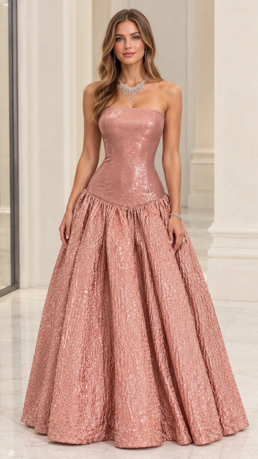 Front view of model wearing Rose Gold strapless drop-waist shimmering evening ball gown