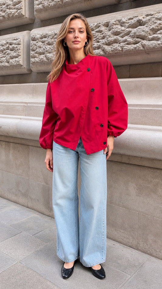 Full-length front view of model wearing the red asymmetrical button blouse with wide-leg jeans