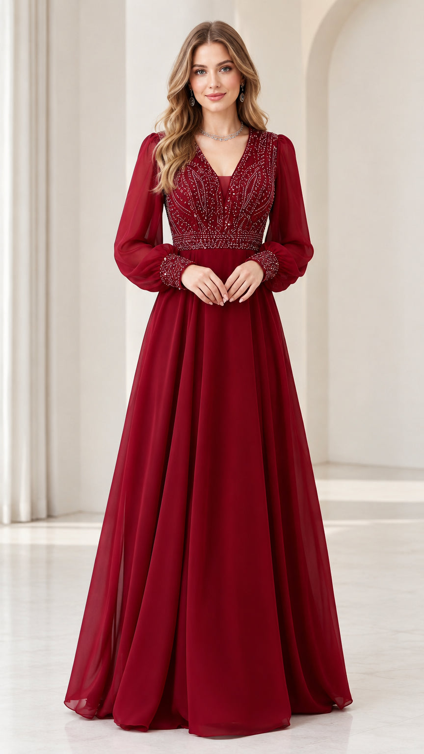 Front view of model wearing burgundy long sleeve beaded chiffon evening gown