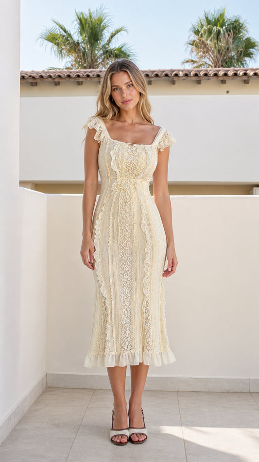 Front view of ivory lace-trimmed midi dress on model