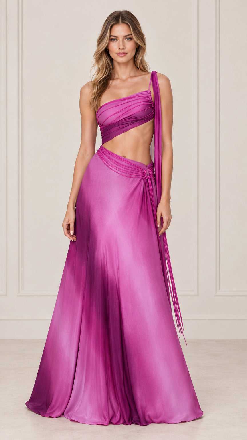 Front view of model wearing magenta ombre one-shoulder cutout maxi gown with shoulder drape