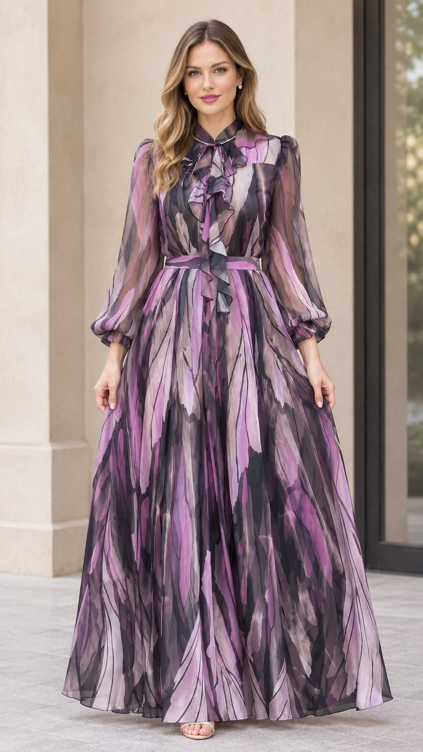 Front full view of woman wearing purple abstract print tie-neck maxi dress