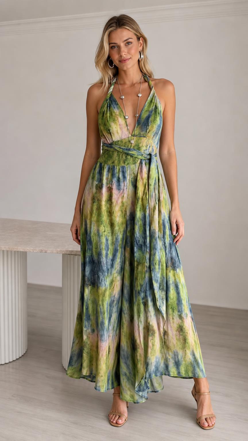 Model wearing green tie-dye halter neck maxi jumpsuit from the front