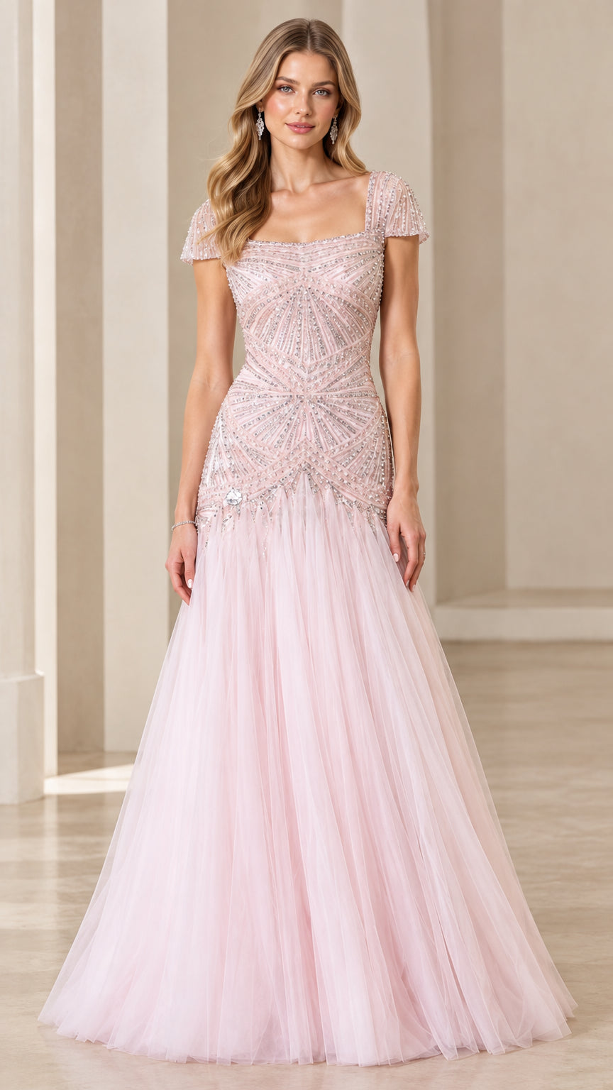 Blush pink beaded bodice square neck formal gown with tulle skirt front view