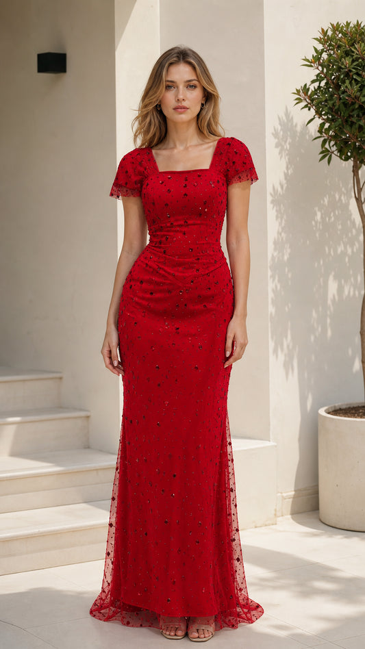 Front view of model wearing a ruby red beaded square neck floor-length evening gown with flutter cap sleeves