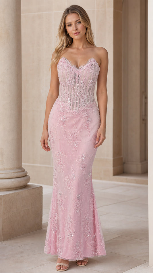 Front view of pink strapless lace mermaid formal evening dress