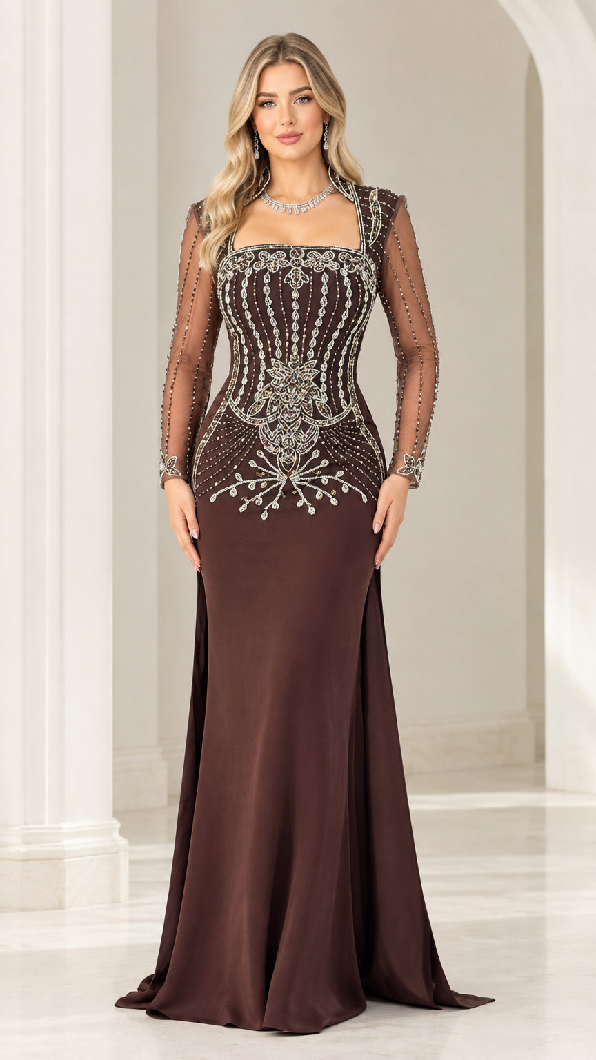 Front full-length view of woman wearing chocolate brown beaded long sleeve evening gown