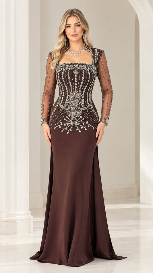 Front full-length view of woman wearing chocolate brown beaded long sleeve evening gown