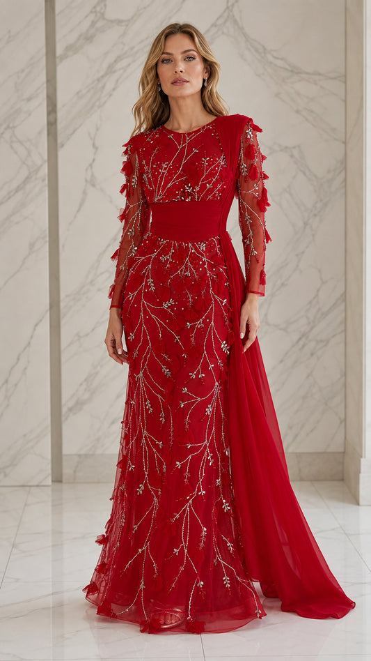 Front view of the red embellished long sleeve evening gown with drape train