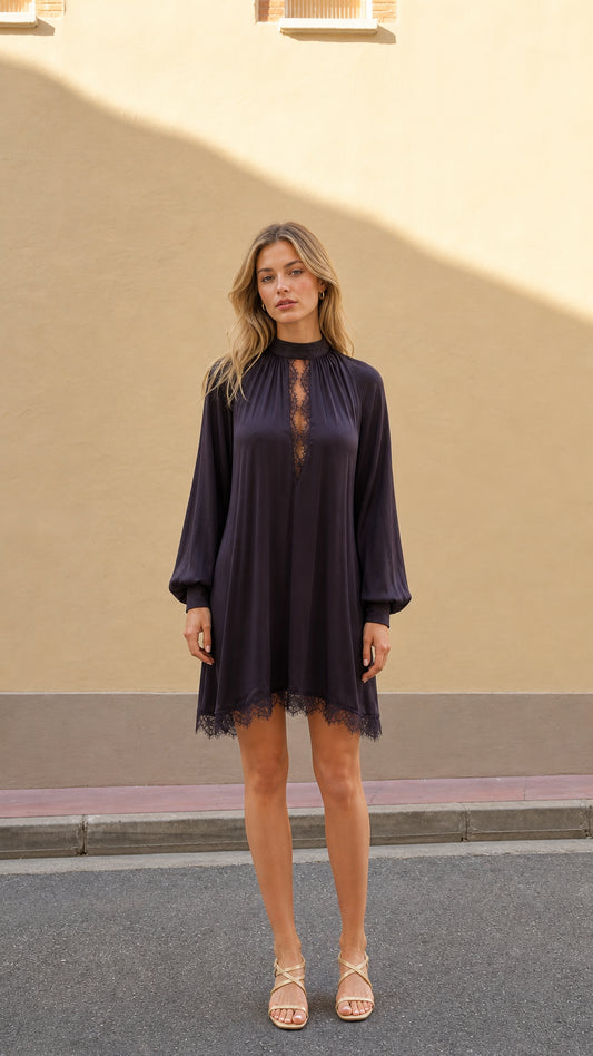 Plum high neck lace trim mini dress shown from the front