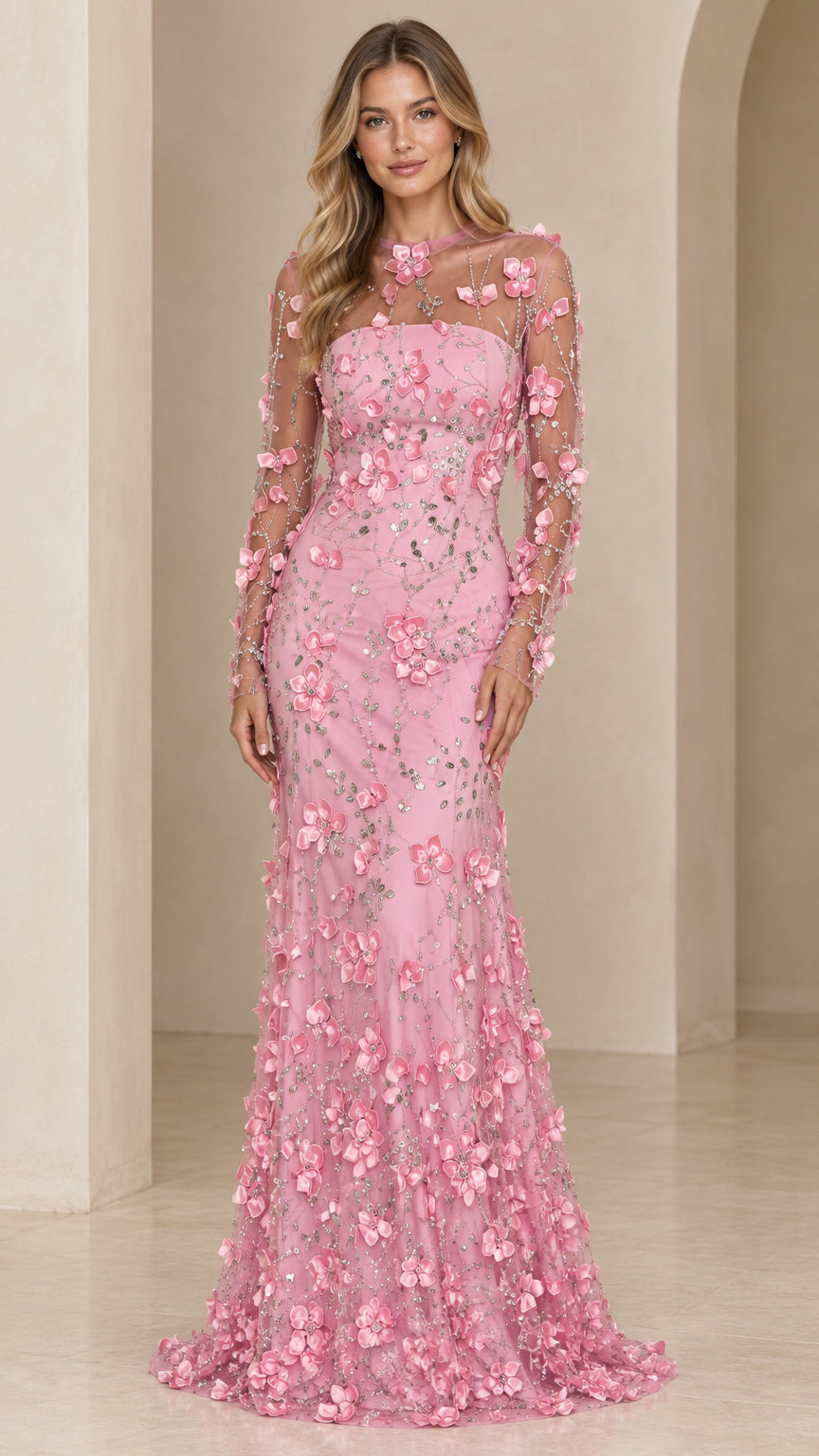 Pink 3D floral appliqué long sleeve mermaid evening gown front view
