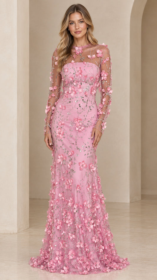 Pink 3D floral appliqué long sleeve mermaid evening gown front view