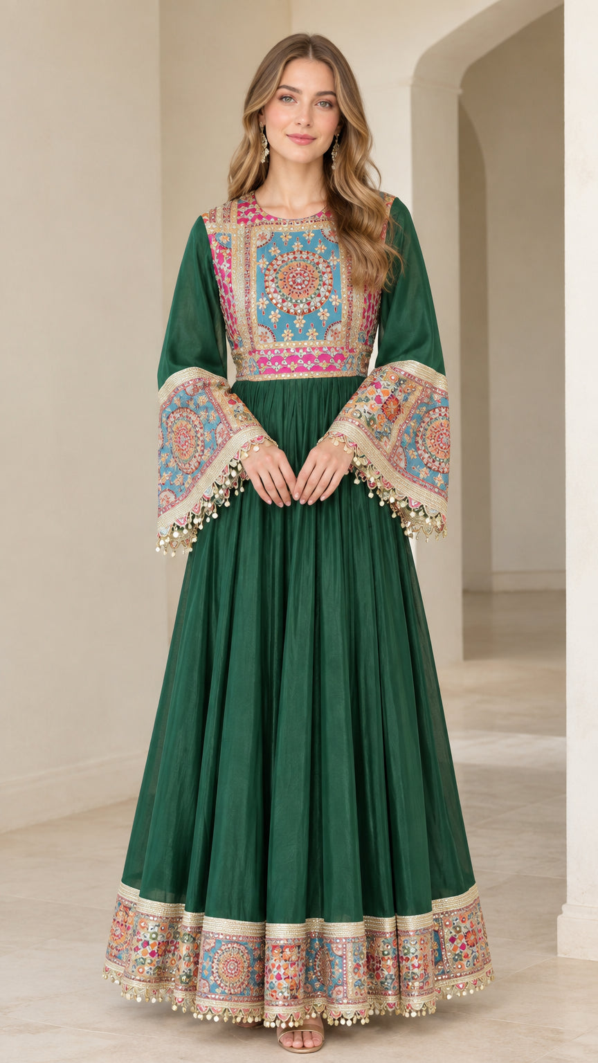 Emerald Green ornate patterned bell sleeve maxi dress front view