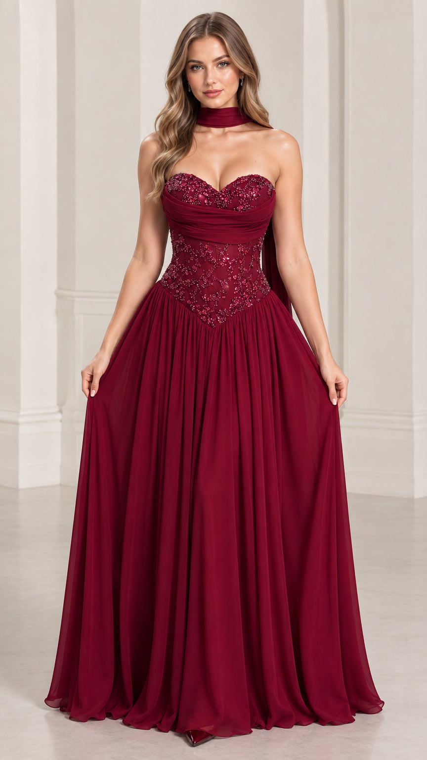 Front view of model wearing burgundy strapless beaded evening gown with neck scarf