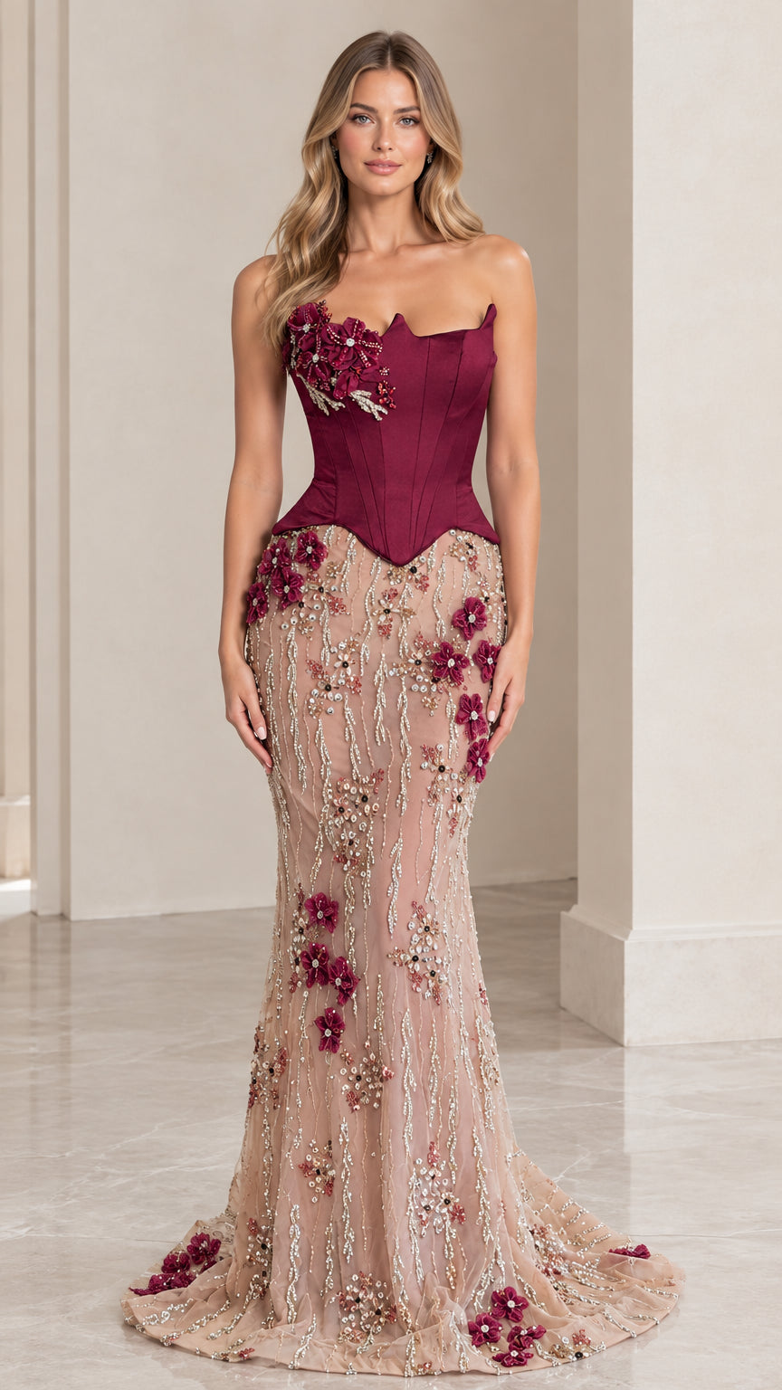 Front view of woman wearing burgundy and champagne strapless corset mermaid evening gown with floral appliqués
