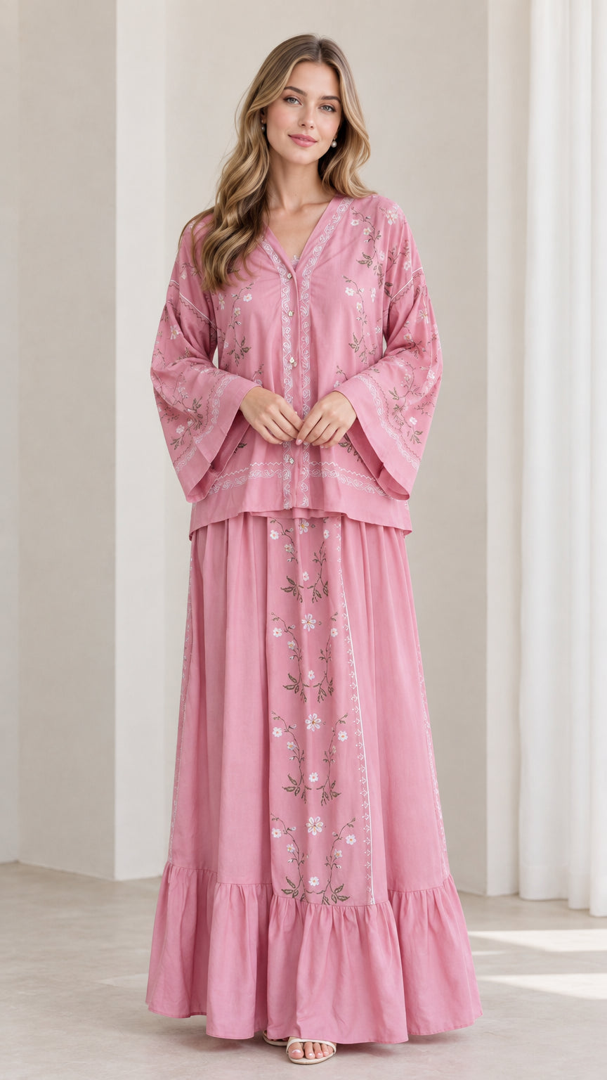 Front view of model wearing pink floral embroidered tunic top and tiered maxi skirt set