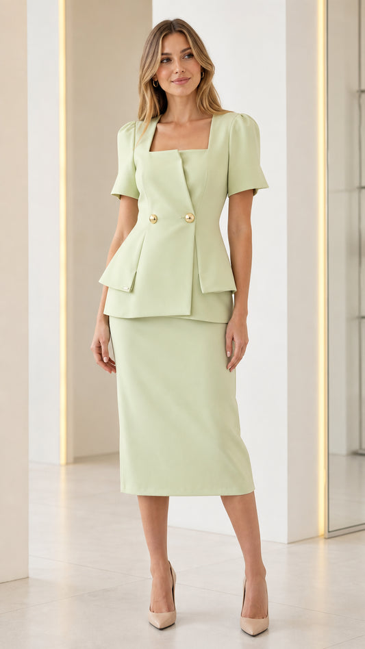 Sage green two-piece set featuring square neck peplum top and midi pencil skirt front view