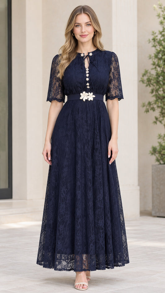 Navy Blue floral lace A-line maxi dress with half sleeves and flower belt front view