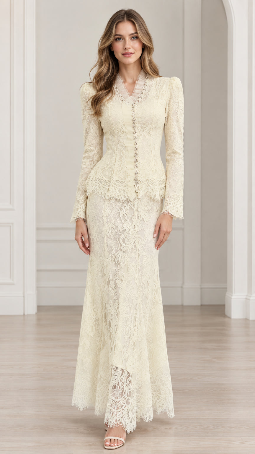 Front view of Ivory floral lace peplum jacket and maxi skirt set